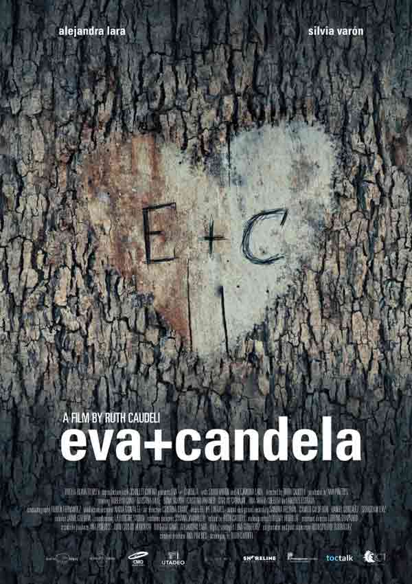 alternatives Film Poster EVA + CANDELA von Autorin, Regisseurin und ausführender Produzentin Ruth Caudeli aus Kolumbien, 2018; E+C umgeben von einem Herzen in einen Baum geritzt